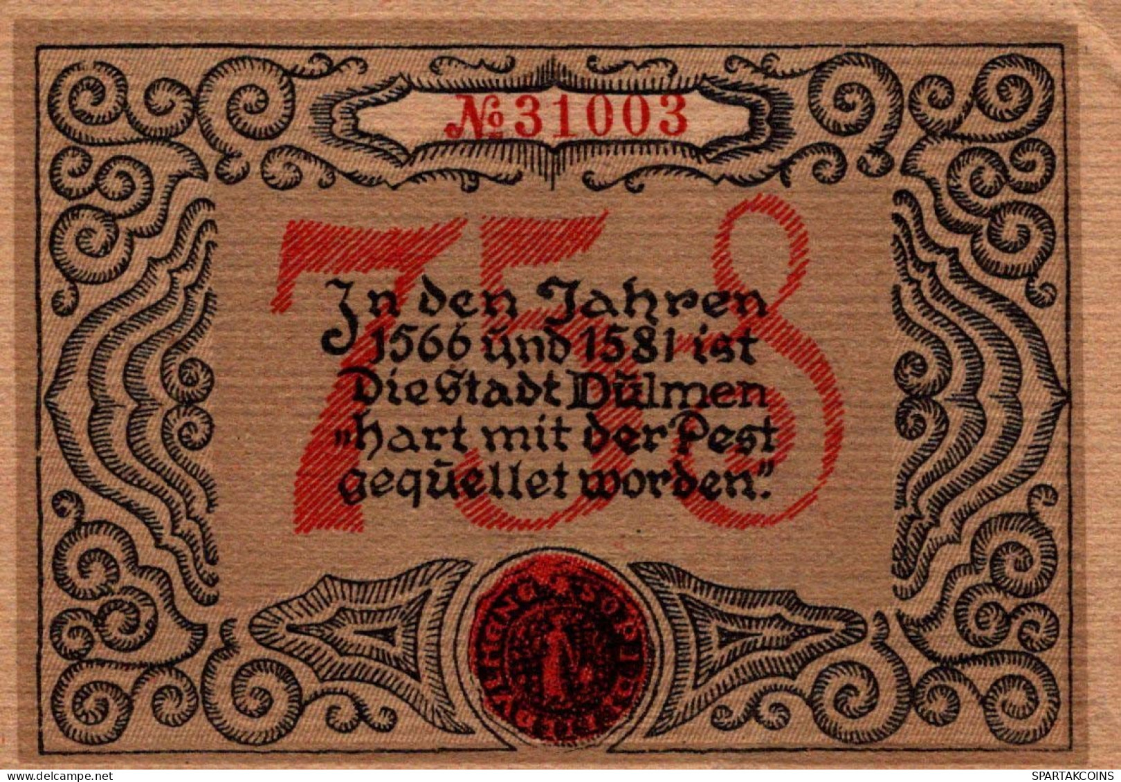 75 PFENNIG 1921 Stadt DÜLMEN Westphalia UNC DEUTSCHLAND Notgeld Banknote #PH528 - [11] Emisiones Locales