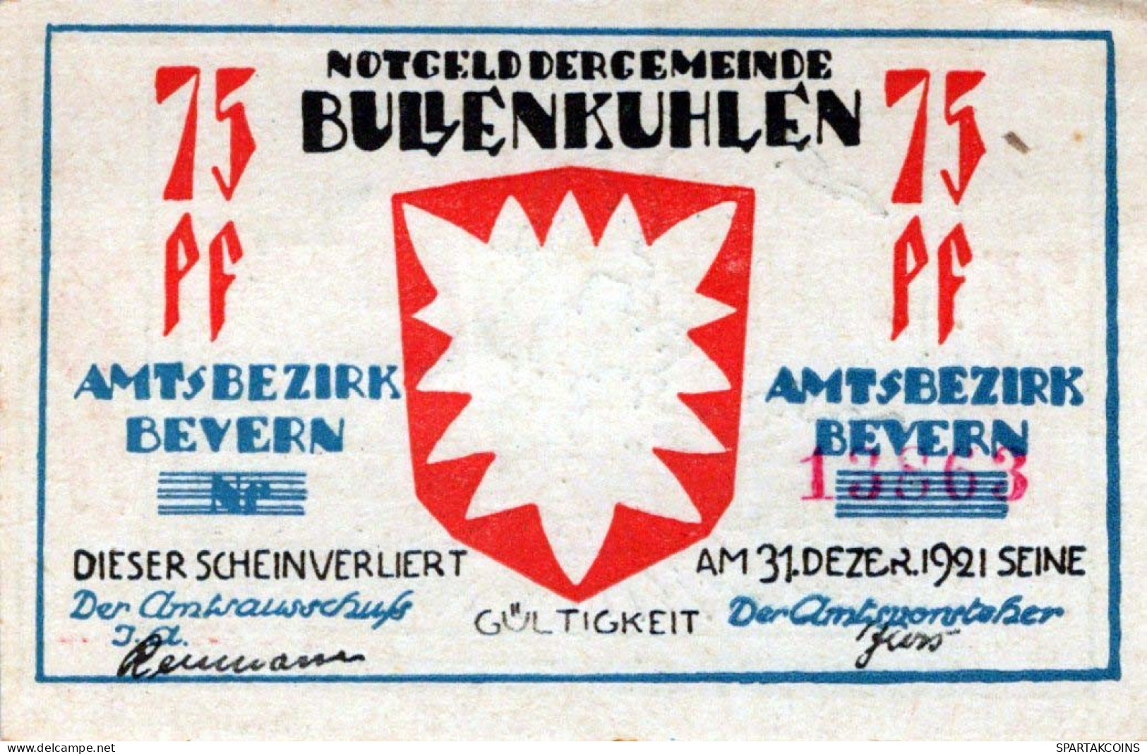 75 PFENNIG 1921 Stadt BULLENKUHLEN Schleswig-Holstein UNC DEUTSCHLAND #PA207 - Lokale Ausgaben