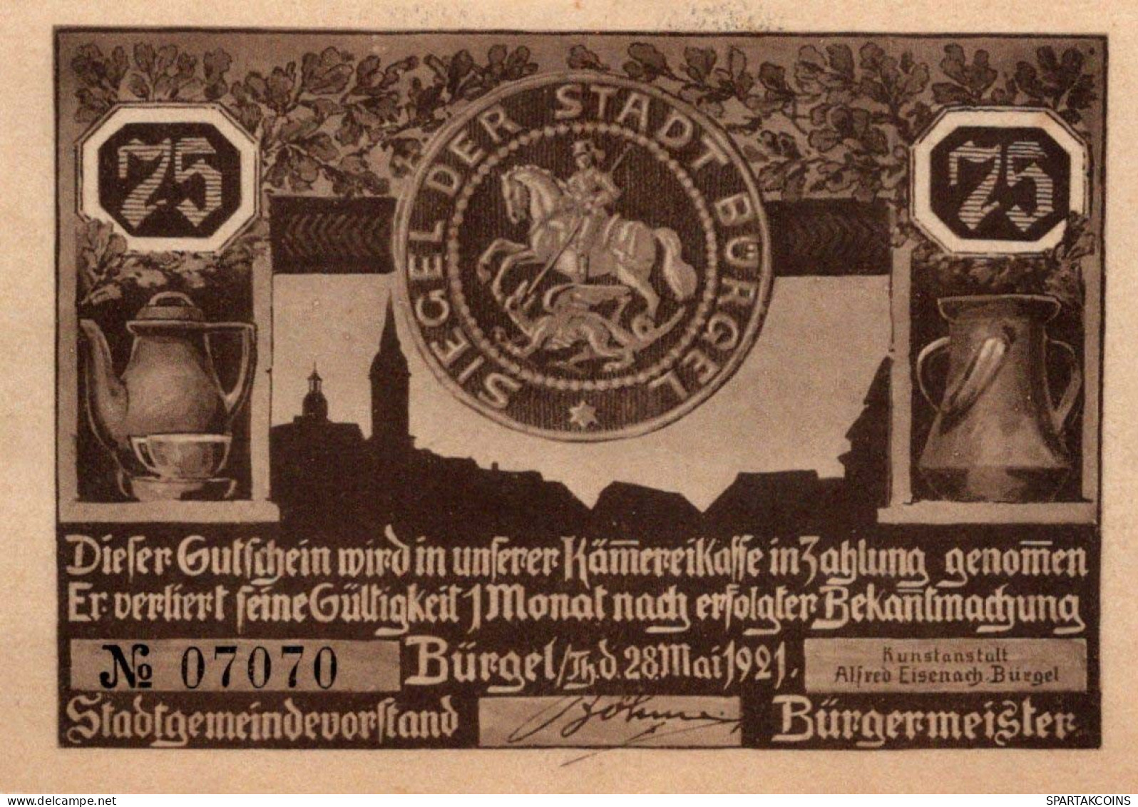 75 PFENNIG 1921 Stadt BÜRGEL Thuringia UNC DEUTSCHLAND Notgeld Banknote #PA331 - [11] Emisiones Locales