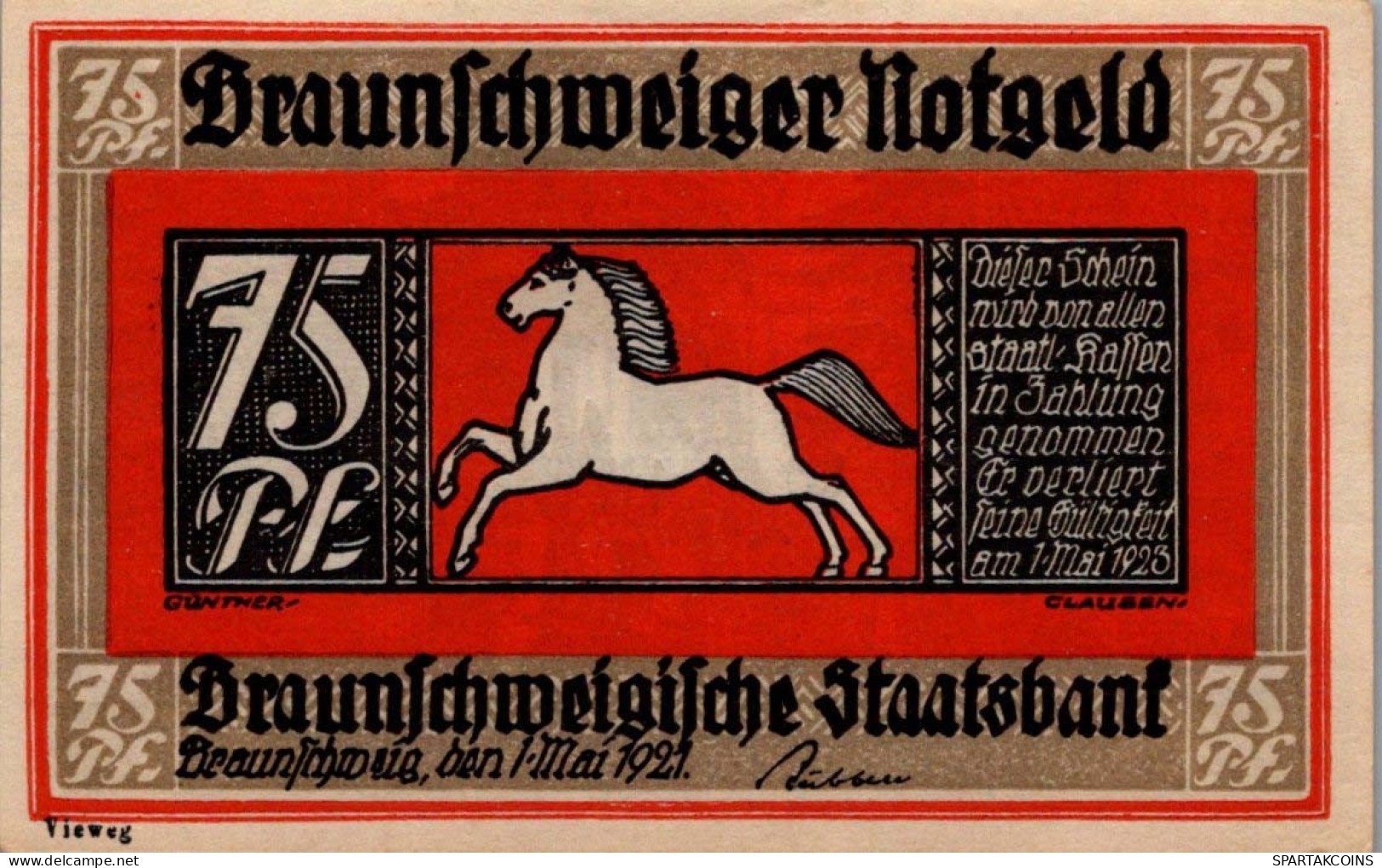 75 PFENNIG 1921 Stadt BRUNSWICK Brunswick UNC DEUTSCHLAND Notgeld #PA285 - Lokale Ausgaben