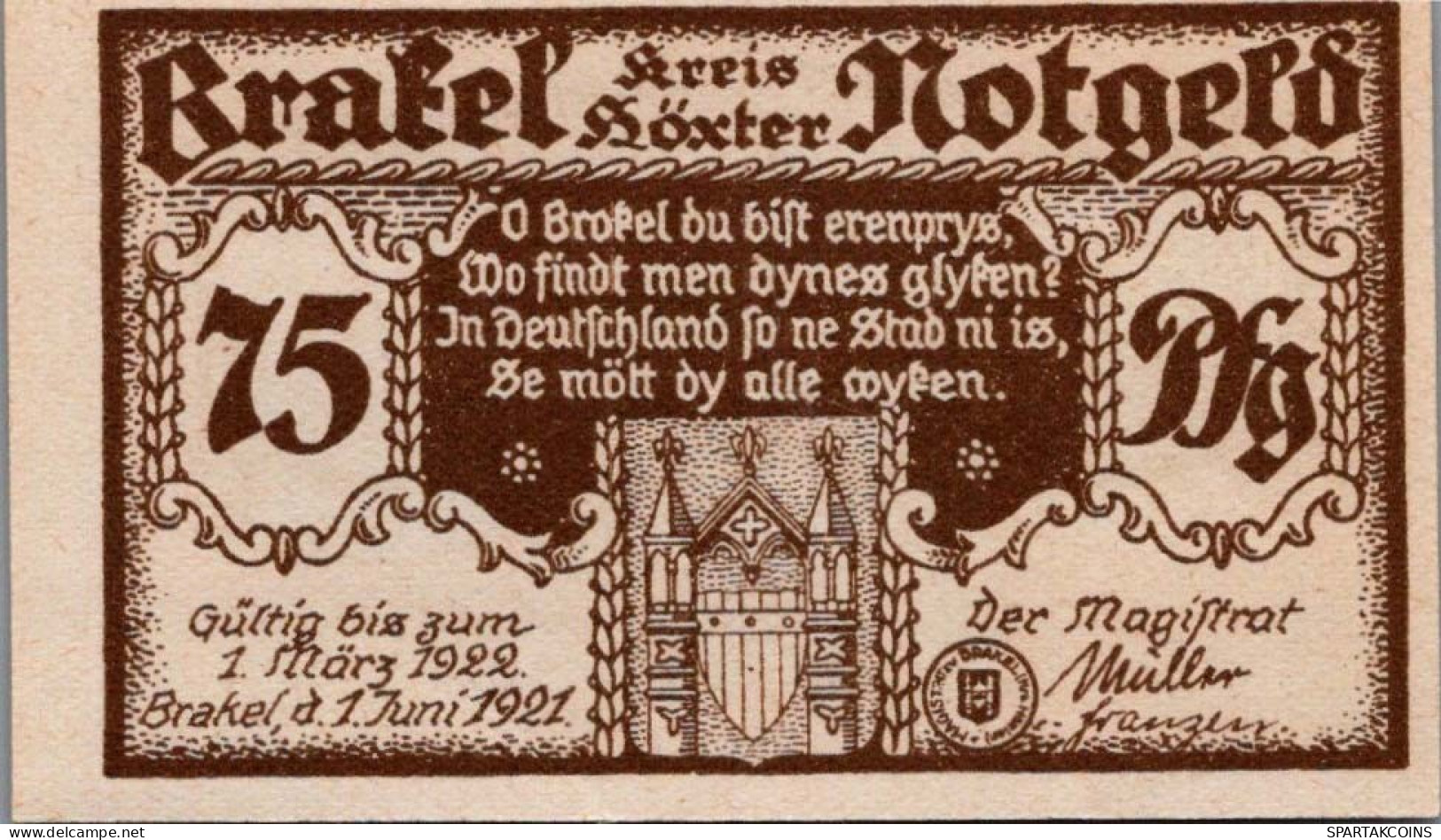 75 PFENNIG 1921 Stadt BRAKEL Westphalia UNC DEUTSCHLAND Notgeld Banknote #PA272 - [11] Emissions Locales