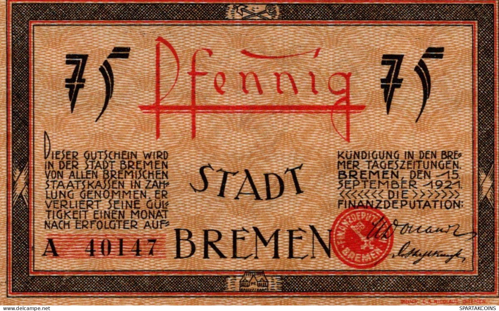 75 PFENNIG 1921 Stadt BREMEN Bremen UNC DEUTSCHLAND Notgeld Banknote #PA316 - [11] Emissioni Locali