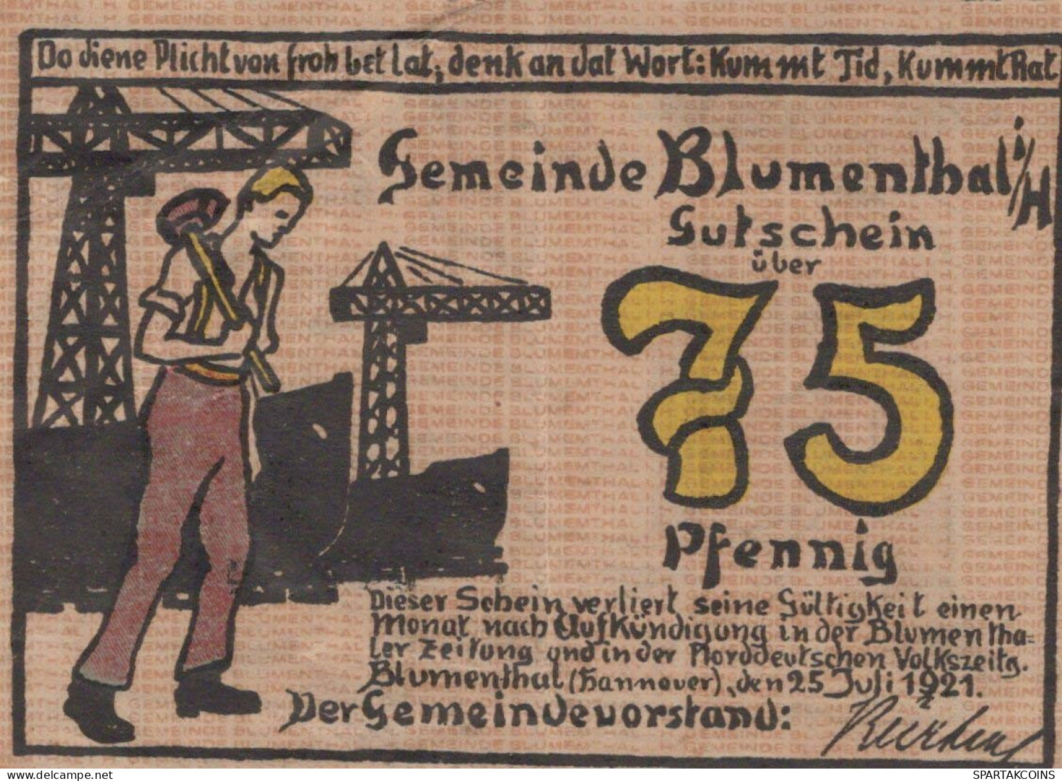 75 PFENNIG 1921 Stadt BLUMENTHAL IN HANNOVER Hanover UNC DEUTSCHLAND #PA249 - [11] Local Banknote Issues