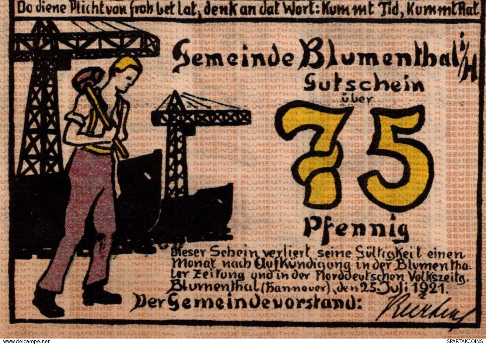 75 PFENNIG 1921 Stadt BLUMENTHAL IN HANNOVER Hanover DEUTSCHLAND Notgeld #PF639 - [11] Emissions Locales