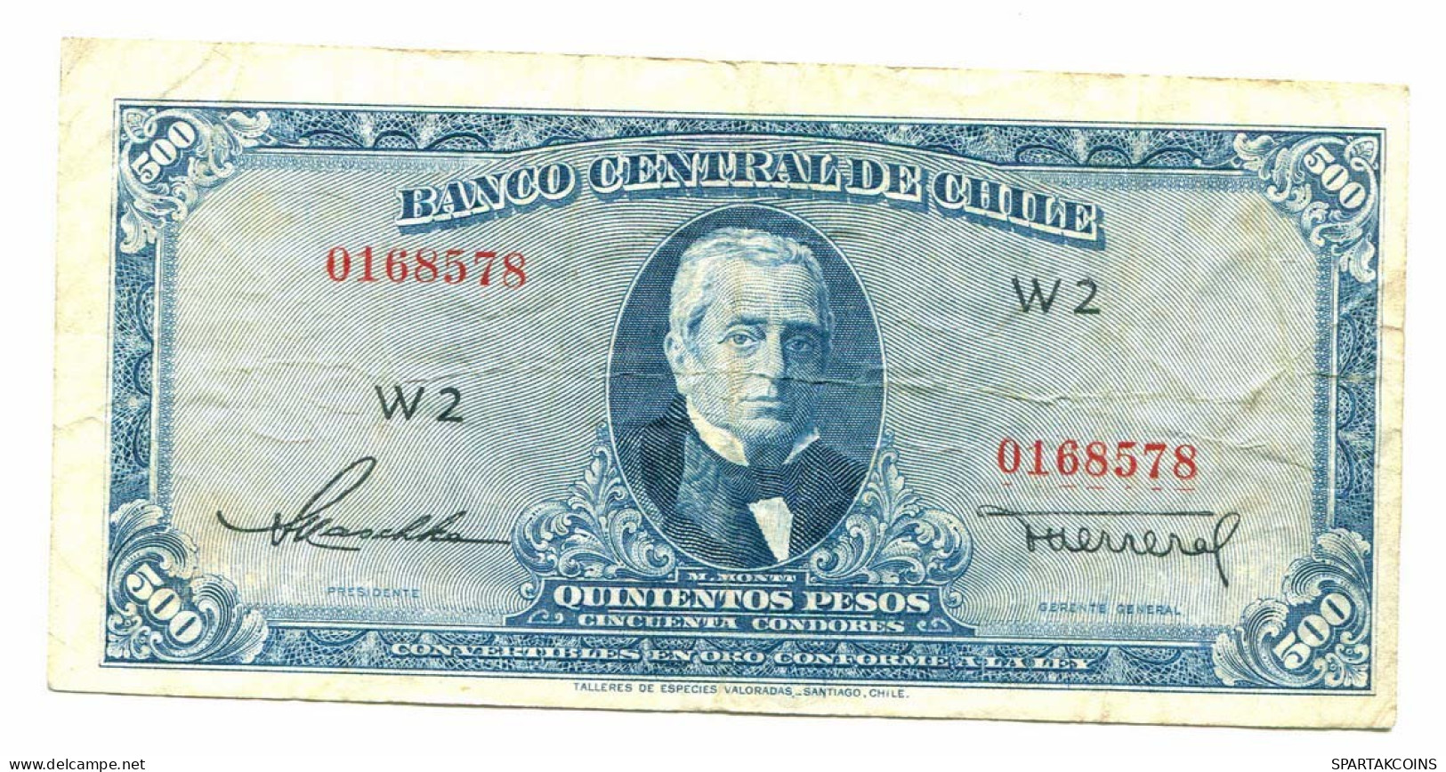 CHILE 500 PESOS 1947-1959 SERIE W 2 P 115 VF-XF Paper Money #P10911.4 - [11] Local Banknote Issues