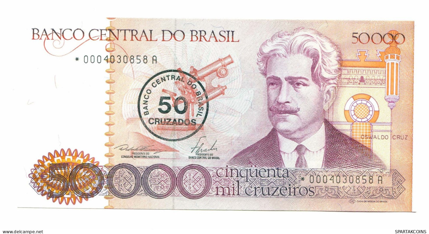 BRAZIL REPLACEMENT NOTE Star*A 50 CRUZADOS ON 50000 CRUZEIROS 1986 UNC P10987.6 - [11] Local Banknote Issues