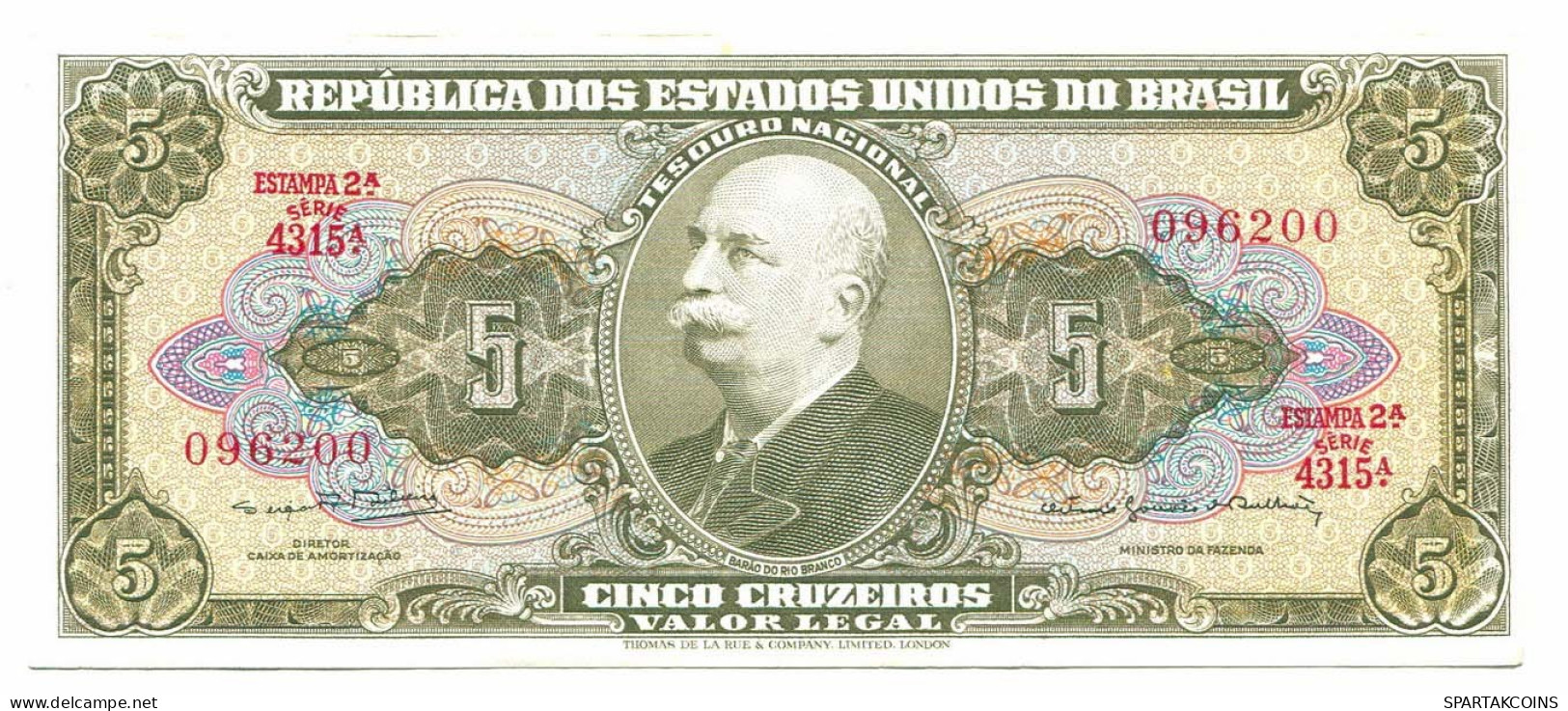 BRASIL 5 CRUZEIROS 1962 UNC Paper Money Banknote #P10830.4 - [11] Local Banknote Issues
