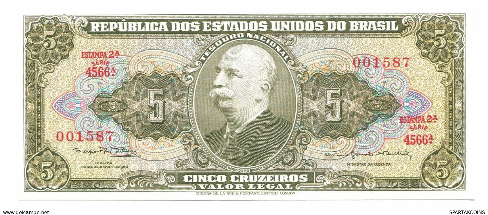 BRASIL 5 CRUZEIROS 1962 UNC Paper Money Banknote #P10831.4 - [11] Local Banknote Issues
