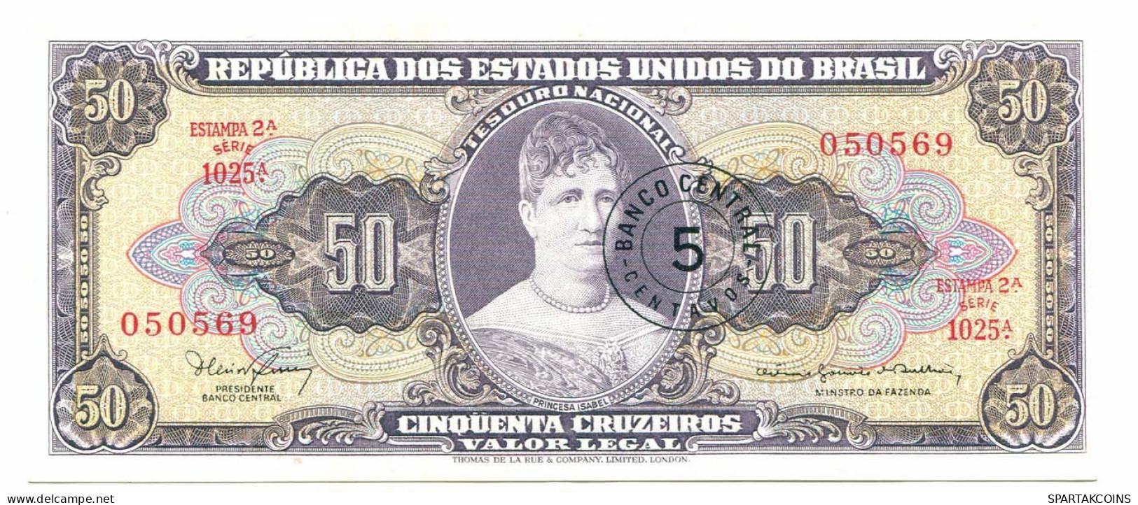 BRASIL 5 CENTAVOS ON 50 CRUZEIROS 1967 SERIE 1025A UNC Paper Money #P10841.4 - [11] Local Banknote Issues