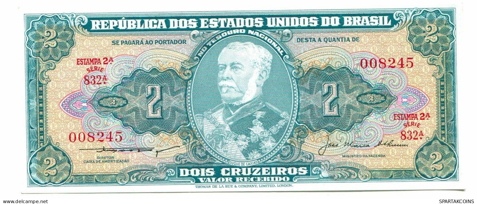 BRASIL 2 CRUZEIROS 1955 SERIE 832A UNC Paper Money Banknote #P10828.4 - [11] Local Banknote Issues