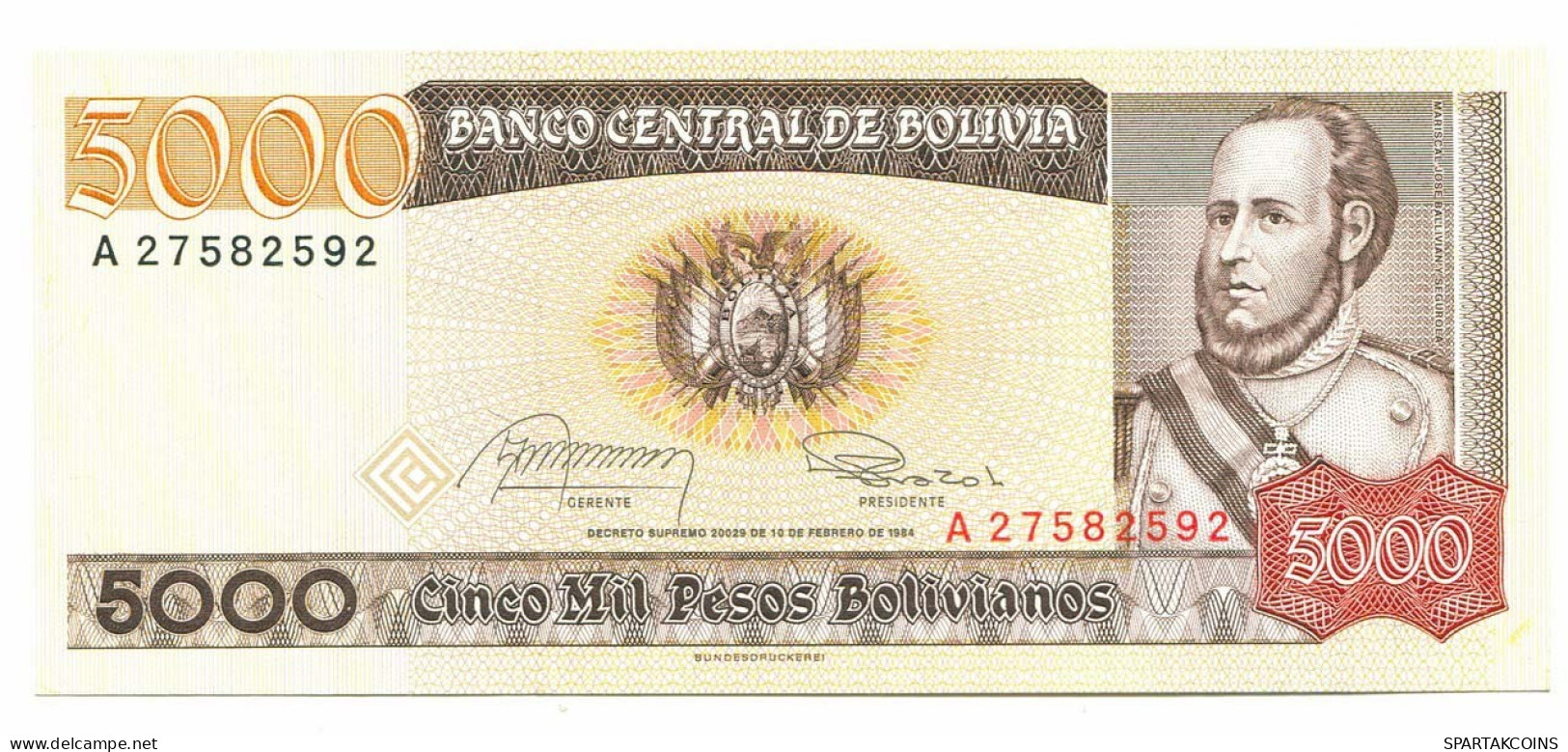 BOLIVIA 5000 PESOS BOLIVIANOS 1984 AUNC Paper Money Banknote #P10810.4 - Lokale Ausgaben