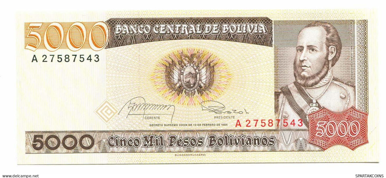 BOLIVIA 5000 PESOS BOLIVIANOS 1984 AUNC Paper Money Banknote #P10809.4 - [11] Local Banknote Issues