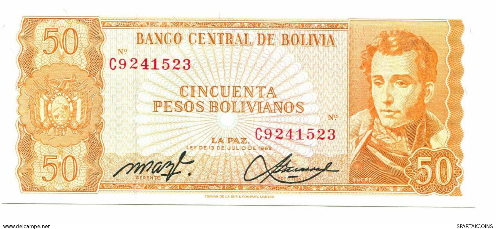 BOLIVIA 50 PESOS BOLIVIANOS 1962 AUNC Paper Money Banknote #P10799.4 - [11] Emisiones Locales
