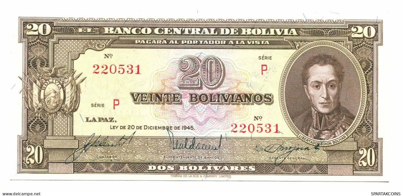 BOLIVIA 20 BOLIVIANOS 1945 SERIE P AUNC Paper Money Banknote #P10798X.4 - [11] Emissioni Locali