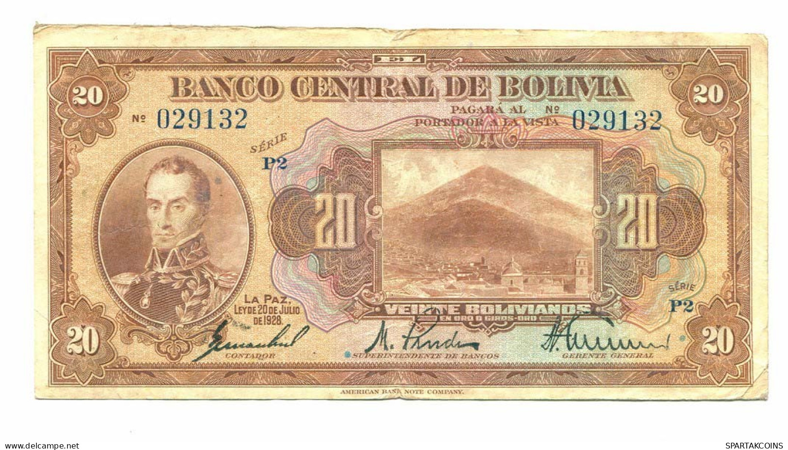 BOLIVIA 20 BOLIVIANOS 1928 SERIE P2 Paper Money Banknote #P10794.4 - [11] Emisiones Locales