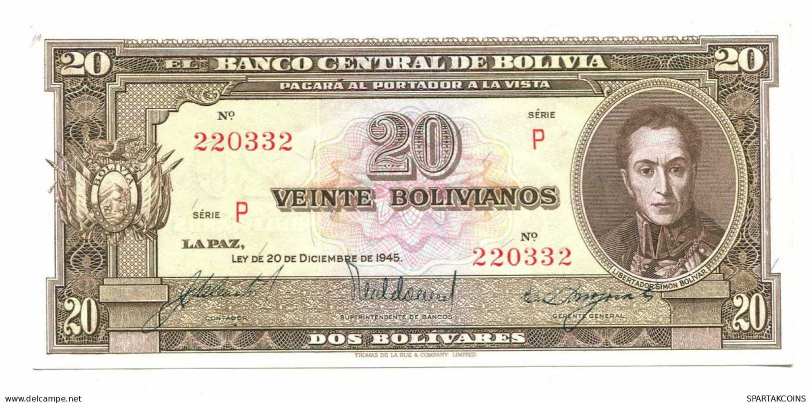 BOLIVIA 20 BOLIVIANOS 1945 SERIE P AUNC Paper Money Banknote #P10798.4 - [11] Emisiones Locales