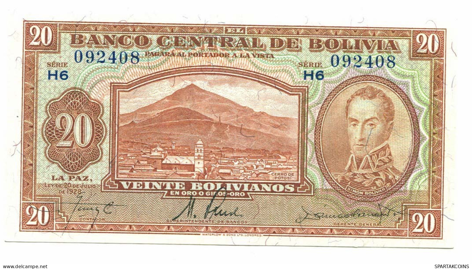 BOLIVIA 20 BOLIVIANOS 1928 SERIE H6 AUNC Paper Money Banknote #P10797.4 - [11] Local Banknote Issues
