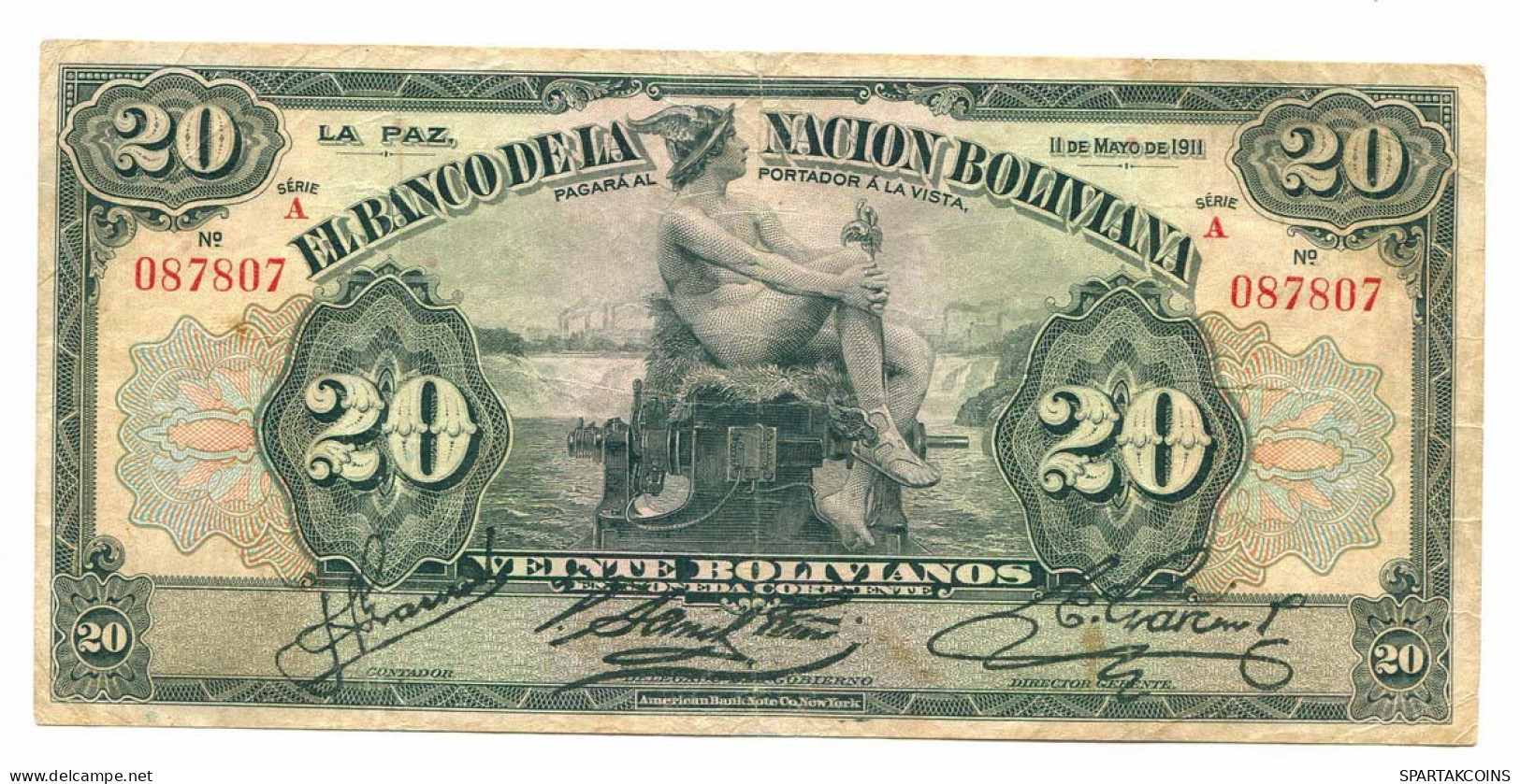 BOLIVIA 20 BOLIVIANOS 1911 SERIE A Paper Money Banknote #P10796.4 - [11] Local Banknote Issues