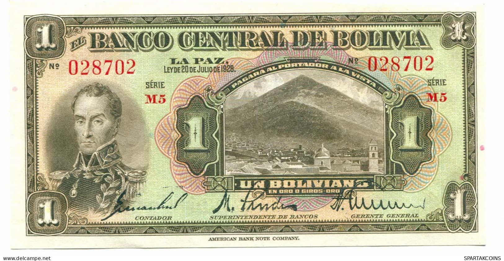 BOLIVIA 1 BOLIVIANO 1928 SERIE M5 AUNC Paper Money Banknote #P10782.4 - [11] Emissioni Locali