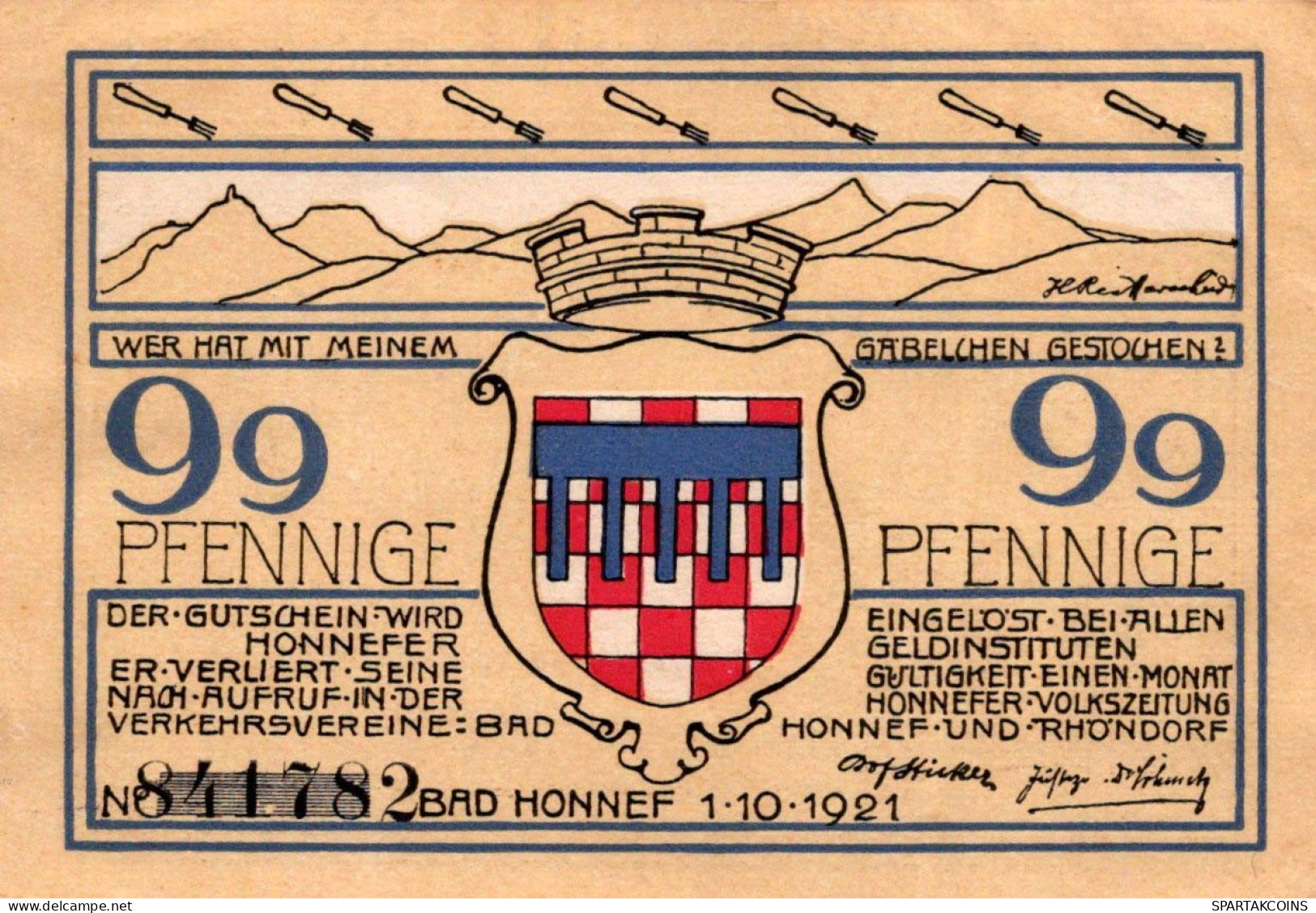 99 PFENNIG 1921 Stadt BAD HONNEF Rhine DEUTSCHLAND Notgeld Banknote #PF999 - [11] Local Banknote Issues