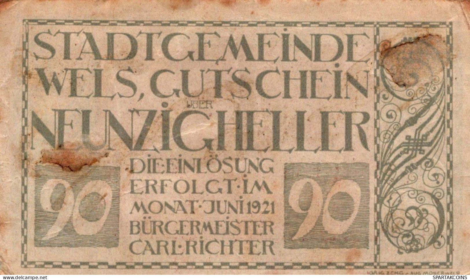 90 HELLER 1921 Stadt WELS Oberösterreich Österreich Notgeld Banknote #PI233 - [11] Local Banknote Issues