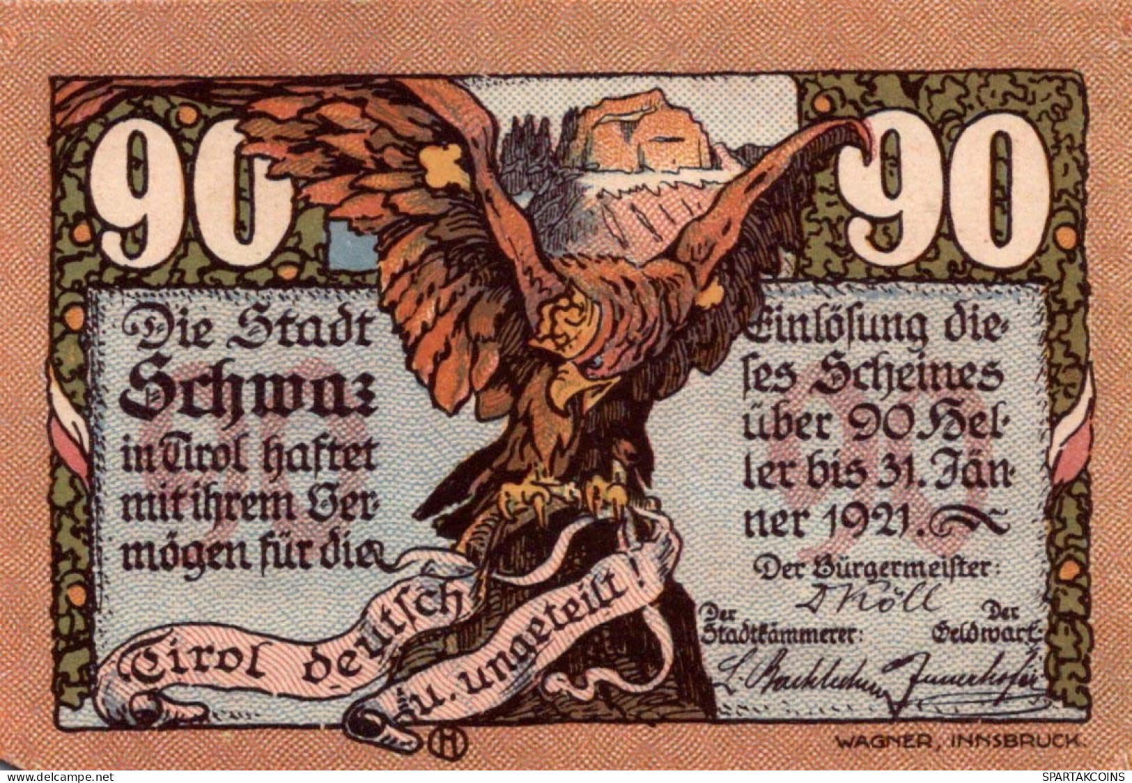 90 HELLER 1921 Stadt SCHWAZ Tyrol UNC Österreich Notgeld Banknote #PH040 - Lokale Ausgaben