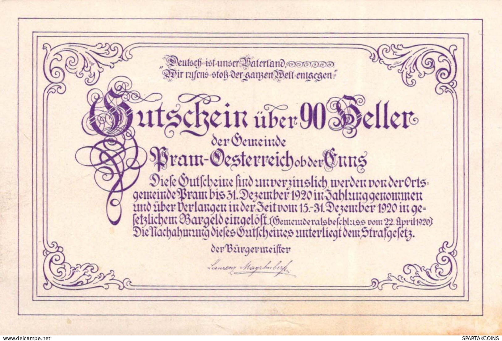 90 HELLER 1920 Stadt PRAM Oberösterreich Österreich UNC Österreich Notgeld Banknote #PH422 - [11] Emissioni Locali