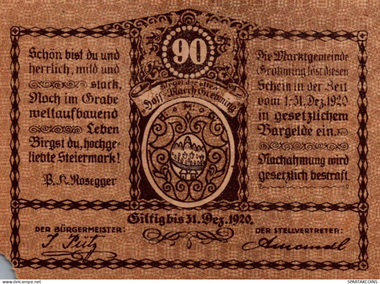 90 HELLER 1920 Stadt GRoBMING Styria Österreich Notgeld Banknote #PF031 - [11] Emisiones Locales