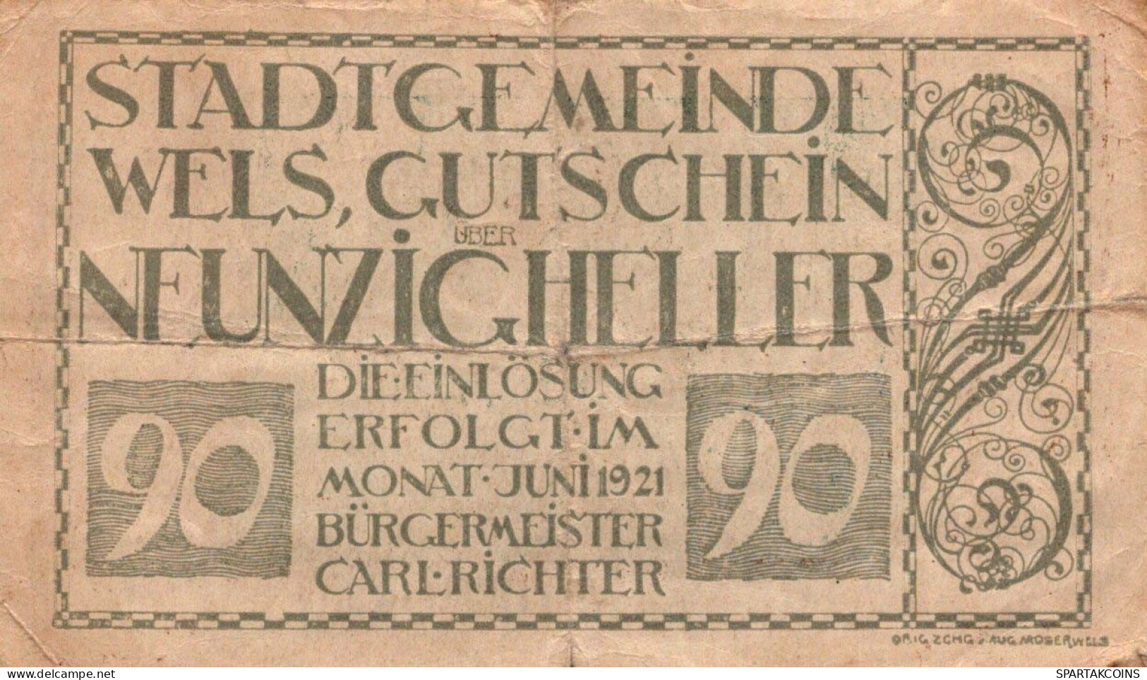 90 HELLER 1918-1921 Stadt WELS Oberösterreich Österreich Notgeld Banknote #PD914 - [11] Emissions Locales