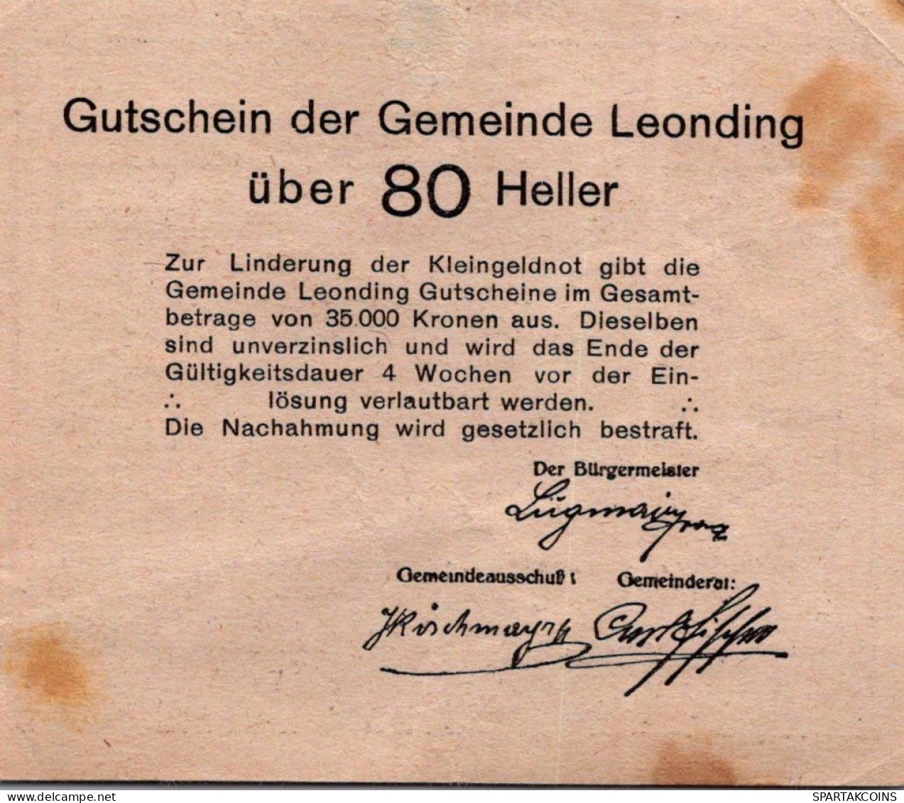 80 HELLER Stadt LEONDING Oberösterreich Österreich Notgeld Banknote #PI238 - [11] Emisiones Locales