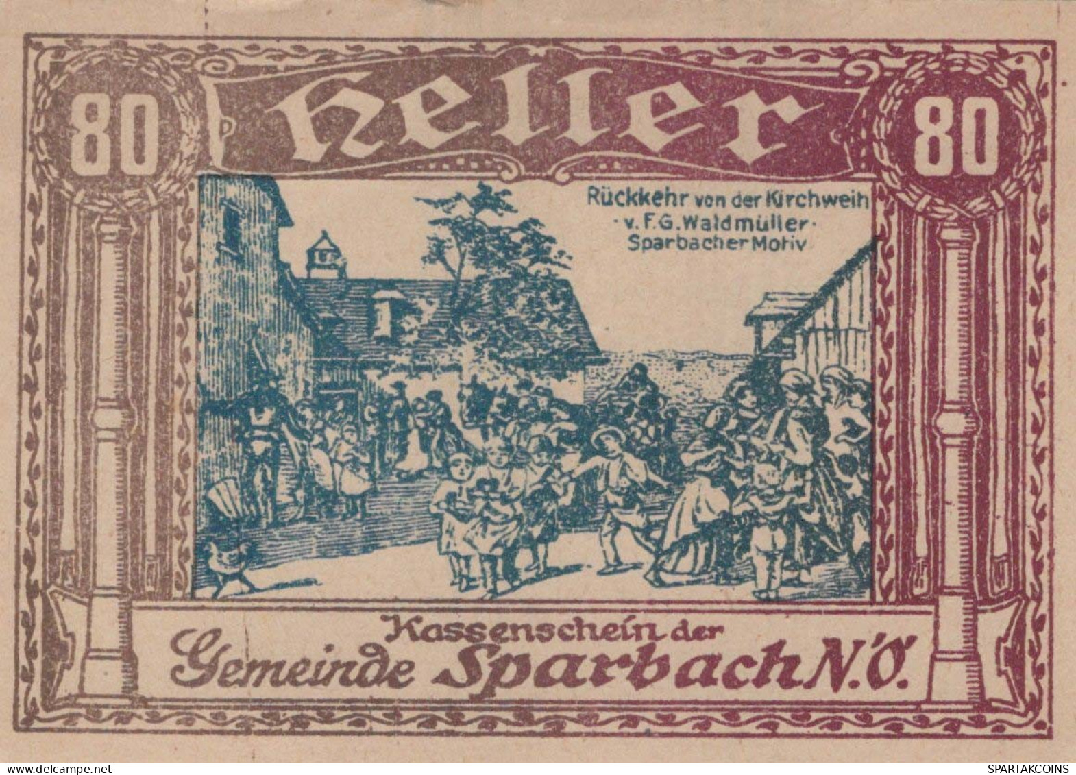 80 HELLER Stadt Sparbach Niedrigeren Österreich Notgeld Papiergeld Banknote #PG996 - Lokale Ausgaben