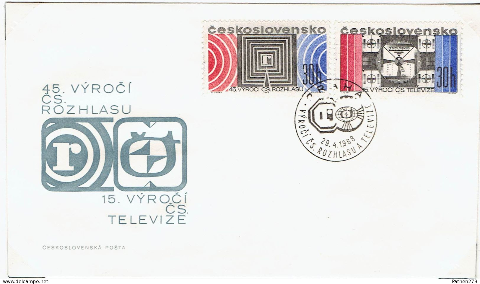 Enveloppe 1er Jour FDC Anniversaires 45 Ans Radio Et 15 Ans Télévision Tchécoslovaque 1968 - FDC