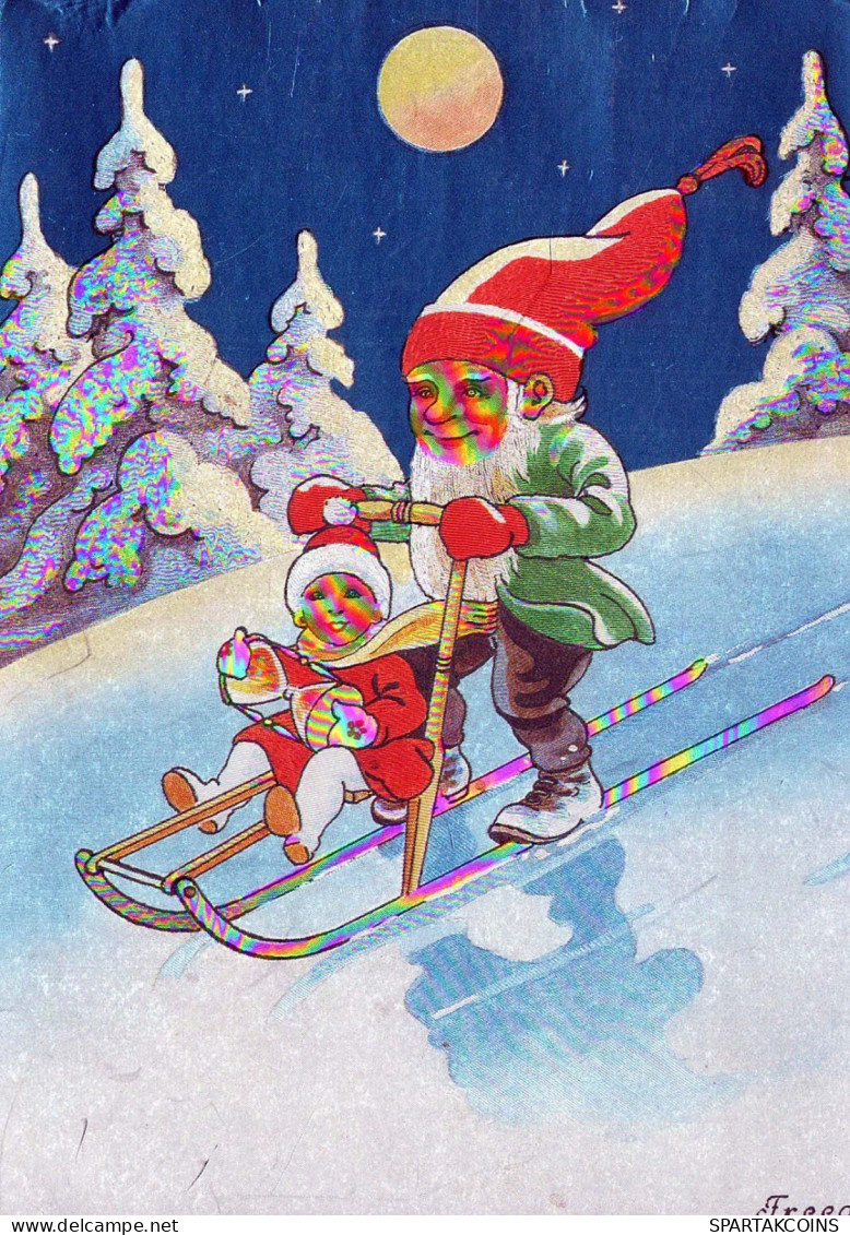 PAPÁ NOEL Feliz Año Navidad GNOMO LENTICULAR 3D Vintage Tarjeta Postal CPSM #PAZ087.ES - Santa Claus