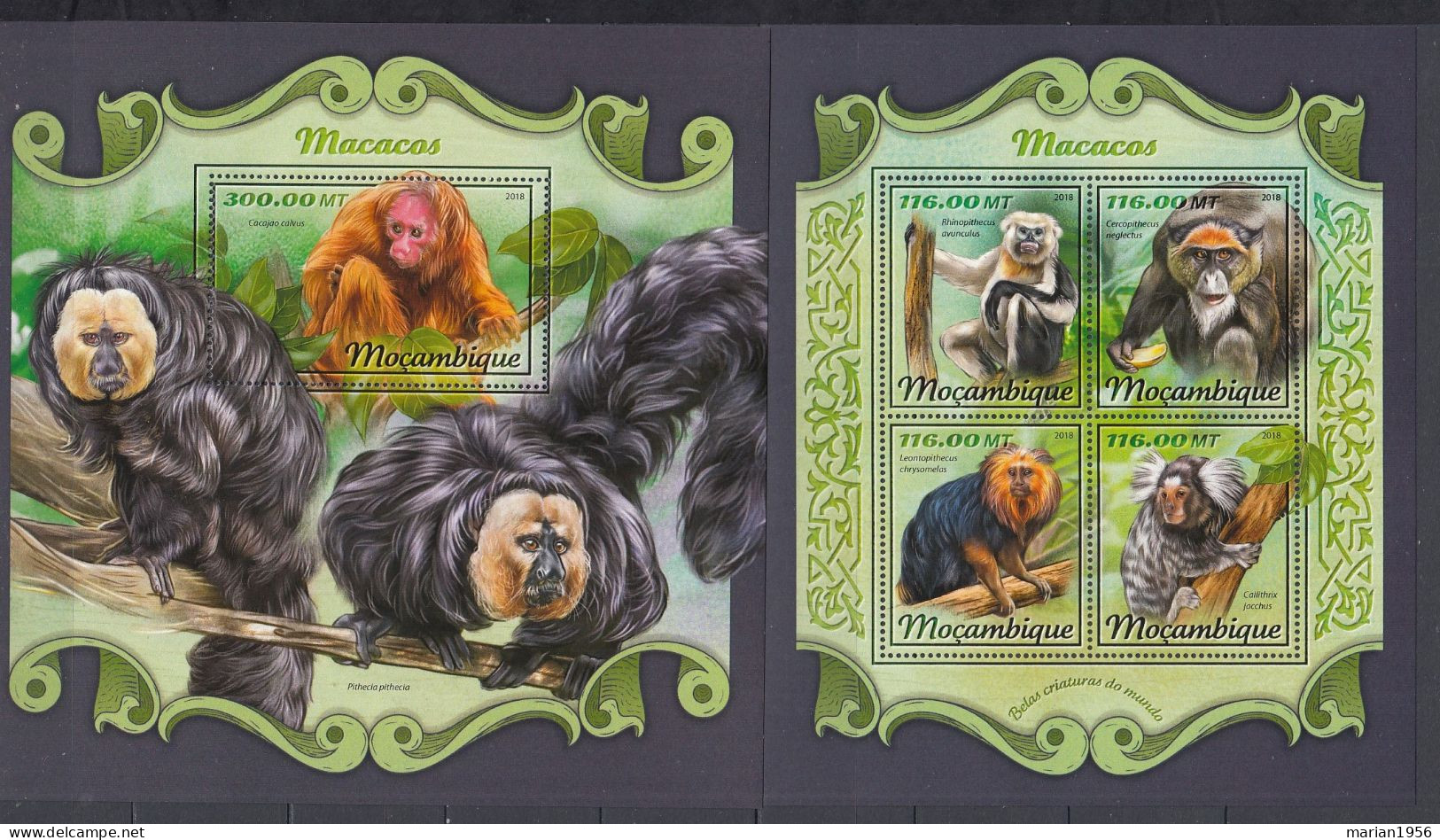 Mozambique 2018 - SINGES -MACACOS - BL + BF  - MNH - Michel 42 Eur. - Singes