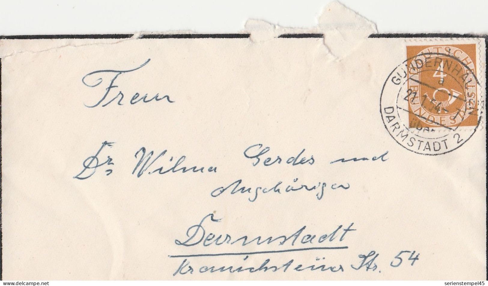 Bund Brief Mit 4 Pfg Posthorn Aus Gundernhausen über Darmstadt 2 1954 Gemeinde Roßdorf LK Darmstadt Dieburg - Cartas & Documentos