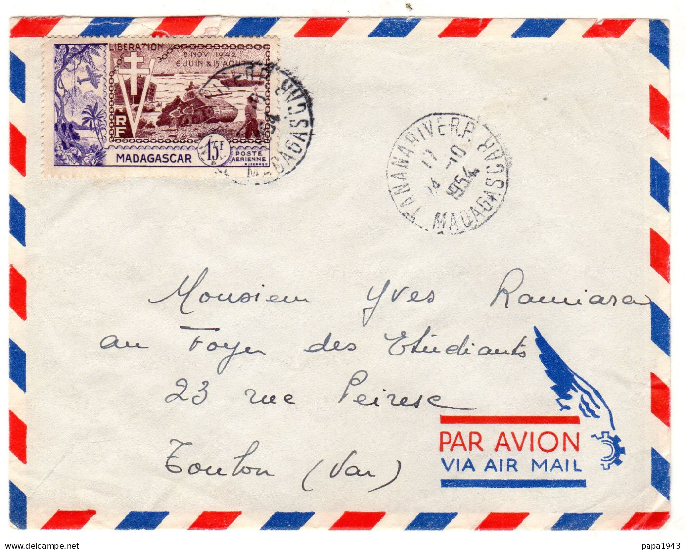 1954  CAD De TANANARIVE R P  Sur Poste Aérienne15f Libération  Envoyé à TOULON - Storia Postale