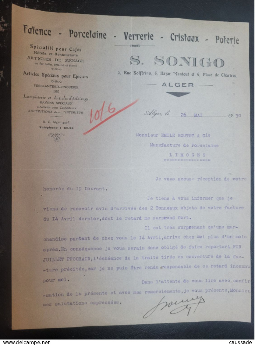 ALGERIE - ALGER - S. SONIGO - Faïence, Porcelaine, Verrerie, Cristaux, Poterie, Spécialité Pour Cafés - Andere & Zonder Classificatie