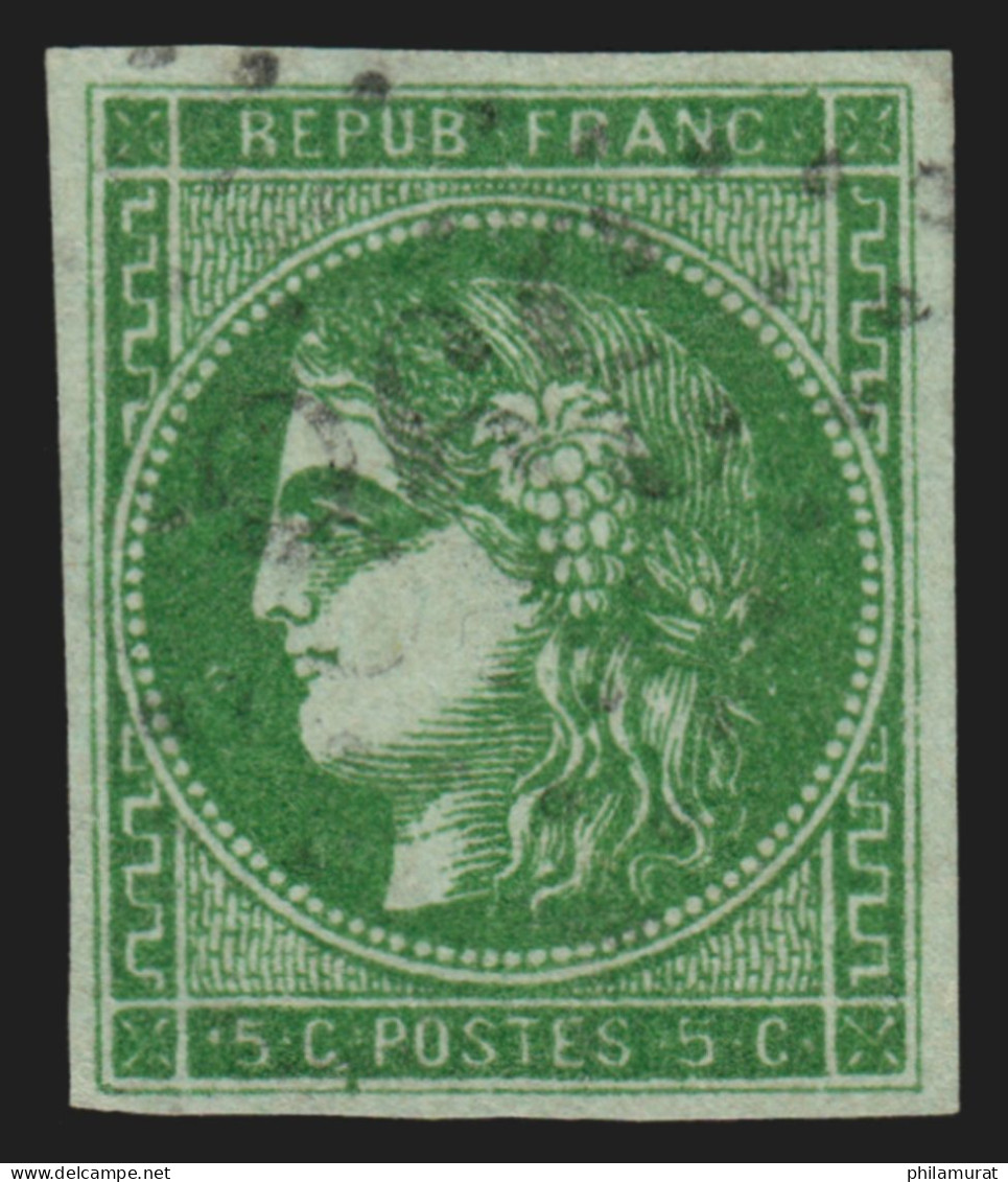 N°42Bg, Cérès Bordeaux 5c Vert, Oblitération Légère, Signé CALVES - TB - 1870 Bordeaux Printing