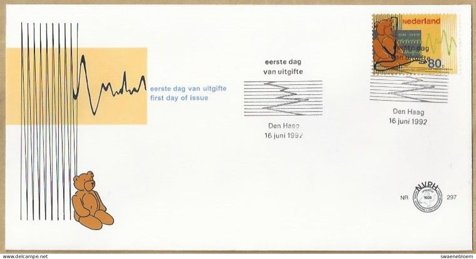 NL.- FDC. NVPH Nr. 297. EERSTE DAG VAN UITGIFTE. FIRST DAY OF ISSUE. 16-06-1992 NED. VER. VOOR KINDERGENEESKUNDE. - FDC