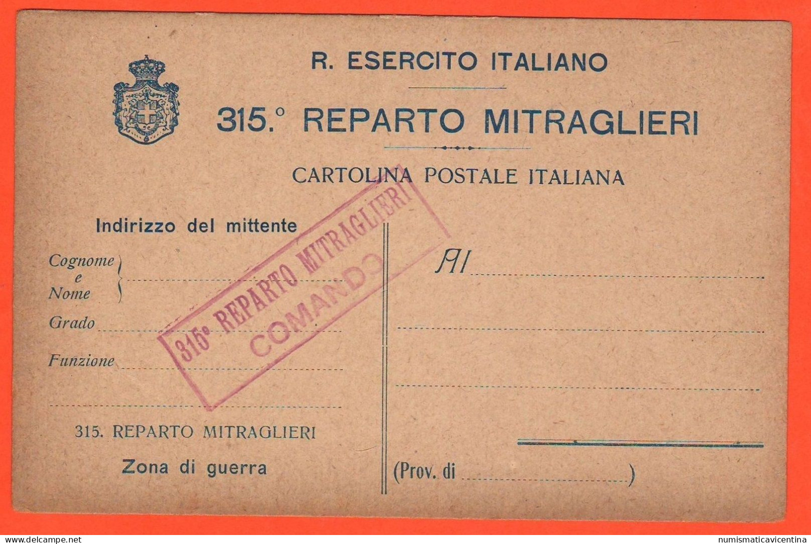 Regio Esercito Mitraglieri 315° Reparto Comando Cartolina Postale - Regiments