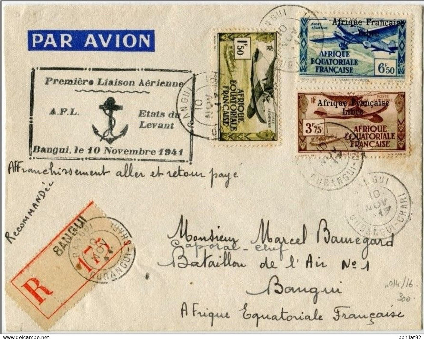 !!! AEF 1ERE LIAISON AFL/LEVANT AVEC CENSURES. PA 14, 16, 18 SUR LETTRE RECOMM DE BANGUI POUR BEYROUTH ET RETOUR 1941 - Covers & Documents