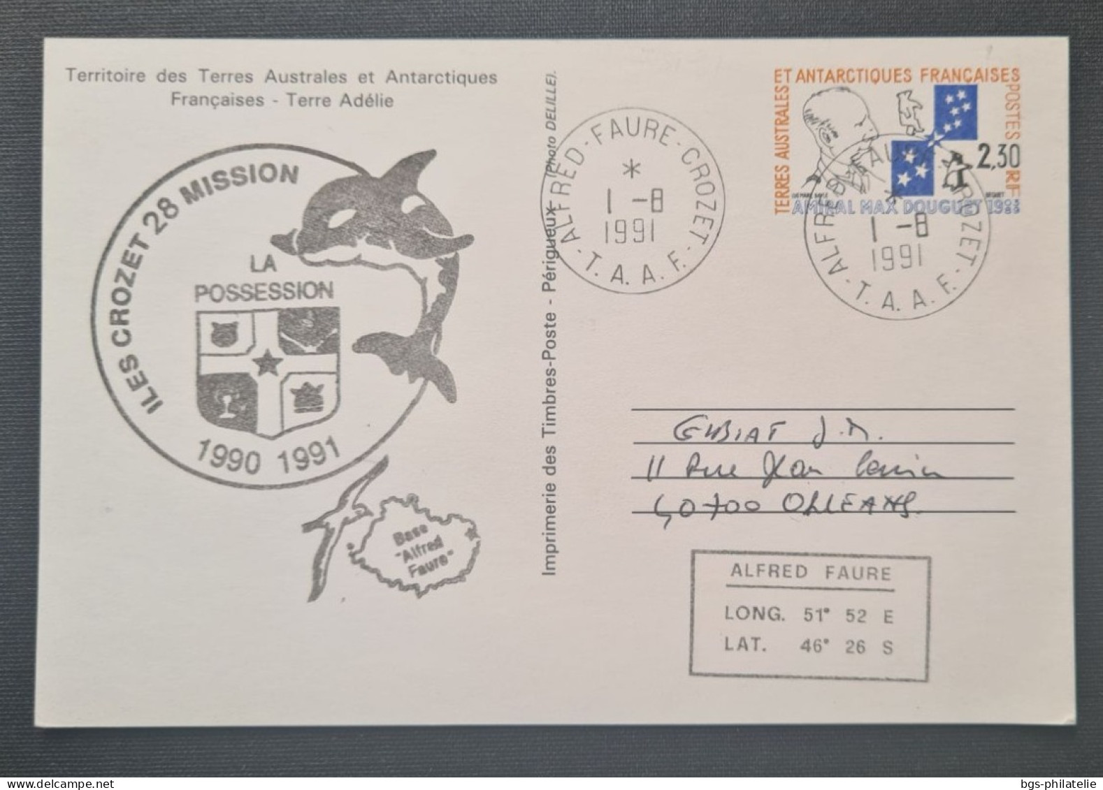 TAAF, Entier Postal Oblitéré De CROZET  Le 1/8/1991. - Brieven En Documenten