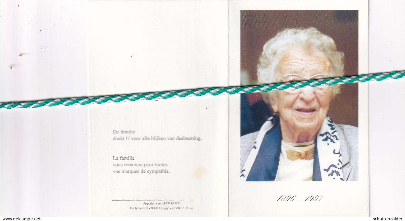 Marcelle De Wulf-Louwagie, Brugge 1896, 1997. Honderdjarige. Foto - Obituary Notices