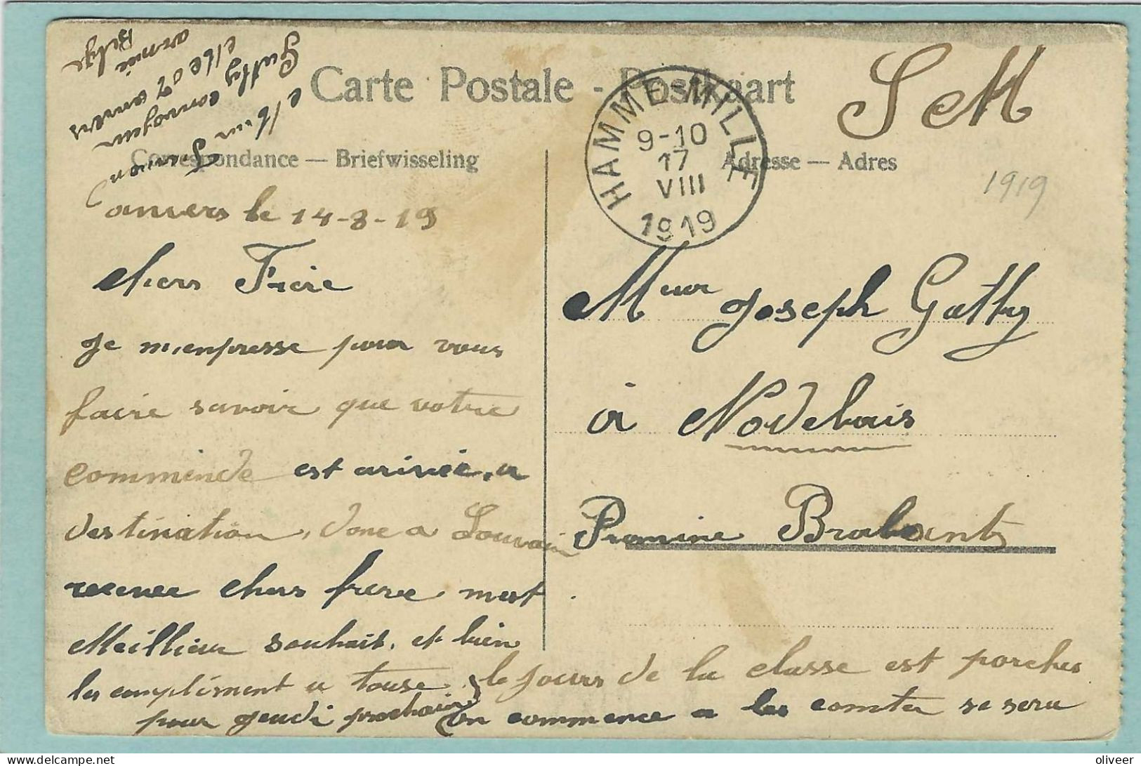 Postkaart Met Stempel HAMME-MILLE - 1919 - Brieven En Documenten