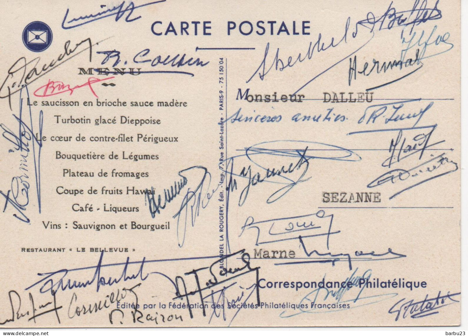 Carte Maximum Journée Du Timbre 1964 FDC Corbeil Essonnes Au Dos Menu Signé Des Convives - 1960-1969