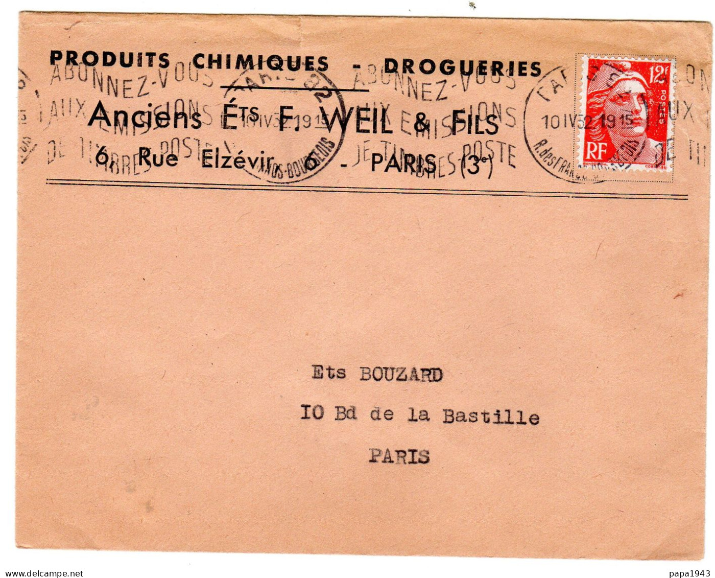 1952  CAD PARIS 92 Rue Des Francs Bourgeois  " Ets WEIL & Fils 6 Rue  Elzévir - Briefe U. Dokumente