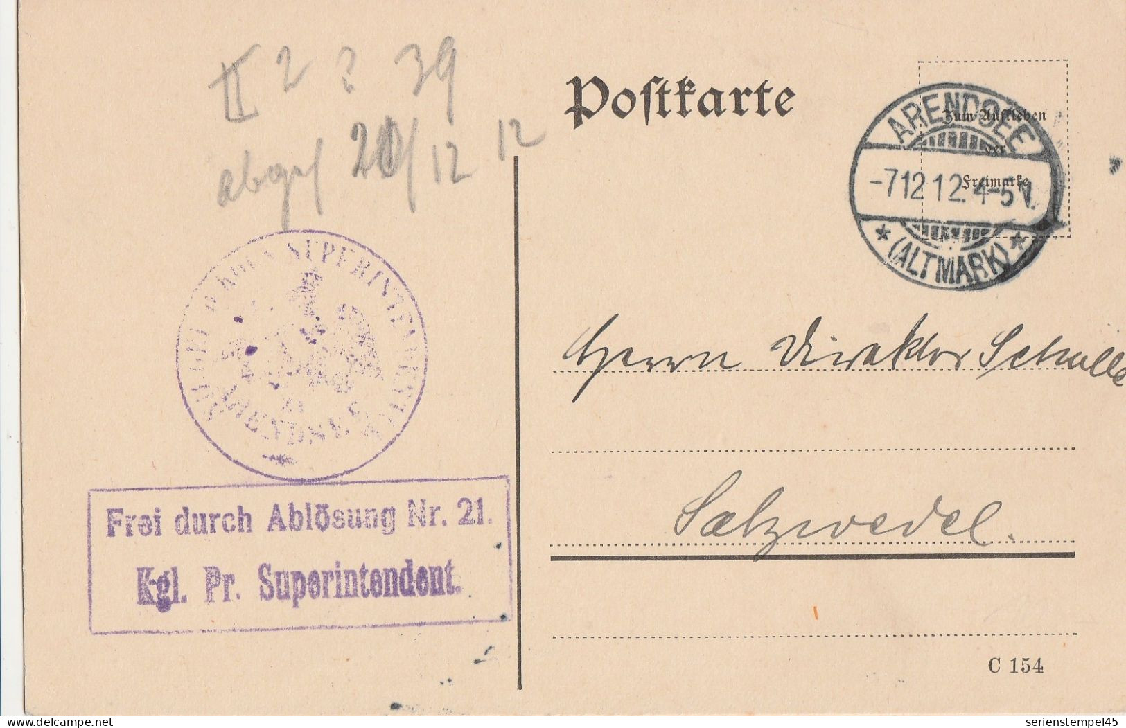 Deutsches Reich Dienstkarte Arendsee Altmark 1912 LK Altmarkkreis Salzwedel Kgl Pr. Superintendent - Storia Postale