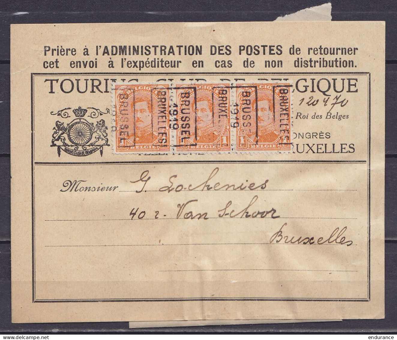 Bande D'imprimé Touring Club Affr. Bande 3x PREO PR 2430B 1c Orange Albert 1e (sur N°135) [BRUSSEL /1919/ BRUXELLES] Pou - Typografisch 1922-26 (Albert I)