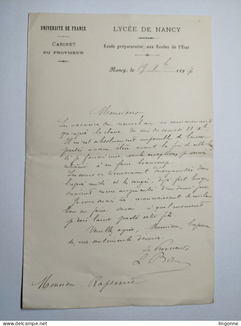 1894 LYCEE De NANCY UNIVERSITE DE FRANCE CABINET Du PROVISEUR Ecole Préparatoire Aux Ecoles De L'Etat (élève RAPENNE) - Diplome Und Schulzeugnisse