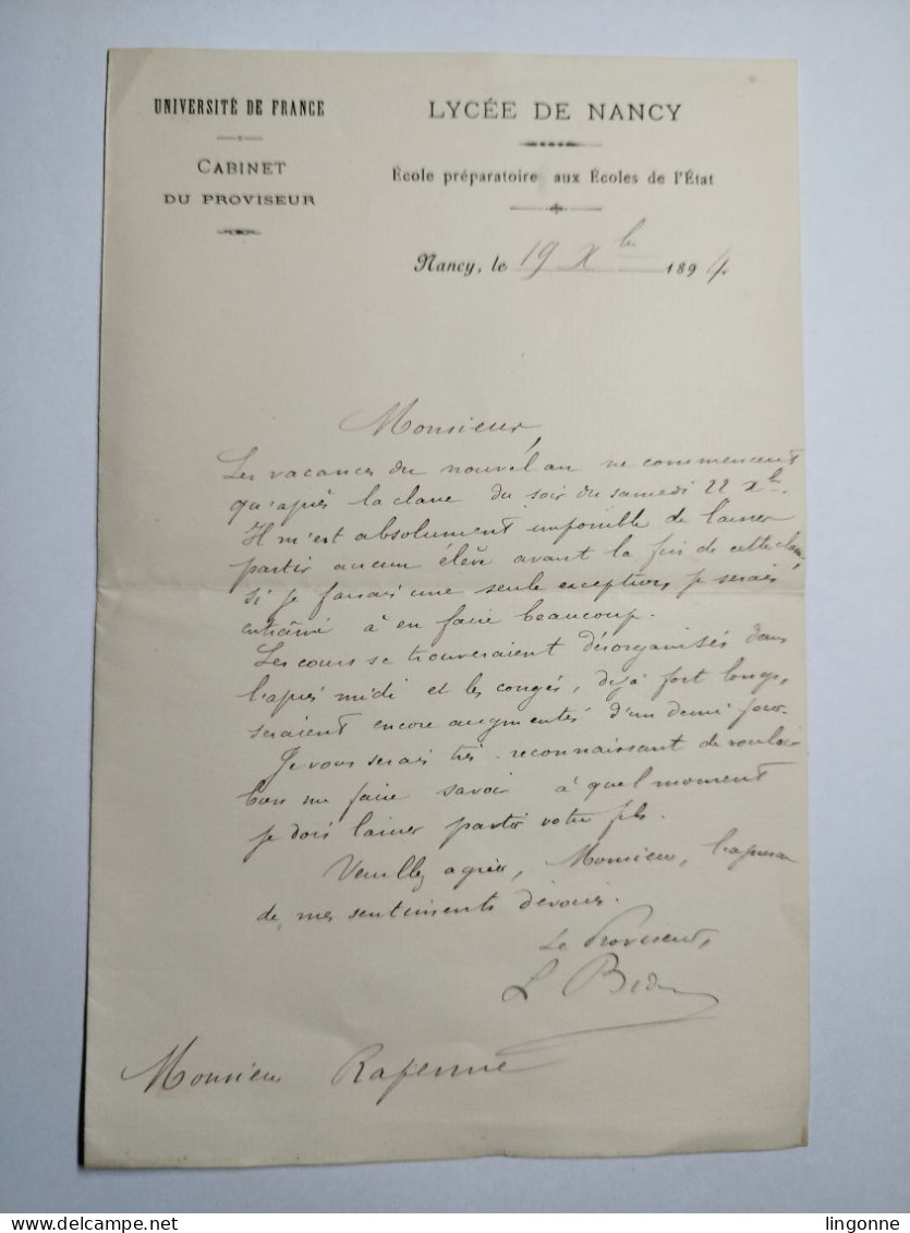 1894 LYCEE De NANCY UNIVERSITE DE FRANCE CABINET Du PROVISEUR Ecole Préparatoire Aux Ecoles De L'Etat (élève RAPENNE) - Diploma & School Reports